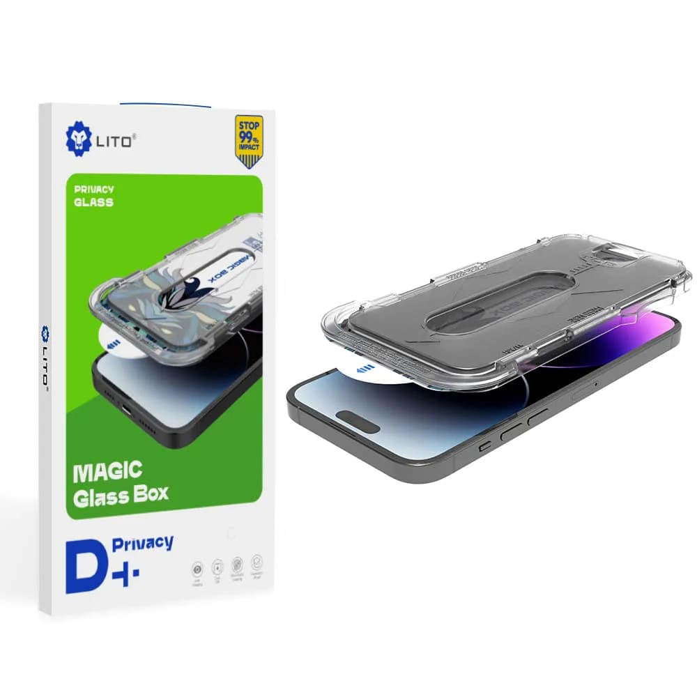 Privacy Screen Protector Lito Magic Glass Box D+ Tools for Apple iPhone 16 Pro Max, Tempered Glass, Full Glue