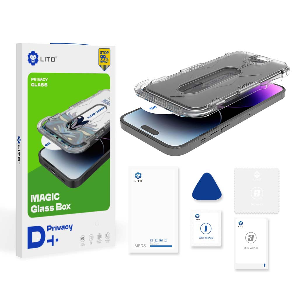 Privacy Screen Protector Lito Magic Glass Box D+ Tools for Apple iPhone 16 Pro Max, Tempered Glass, Full Glue