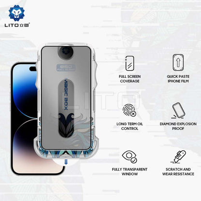 Privacy Screen Protector Film Lito Magic Glass Box D+ Tools for Apple iPhone 17e / 16e / 14 / 13 Pro, Tempered Glass, Full Glue