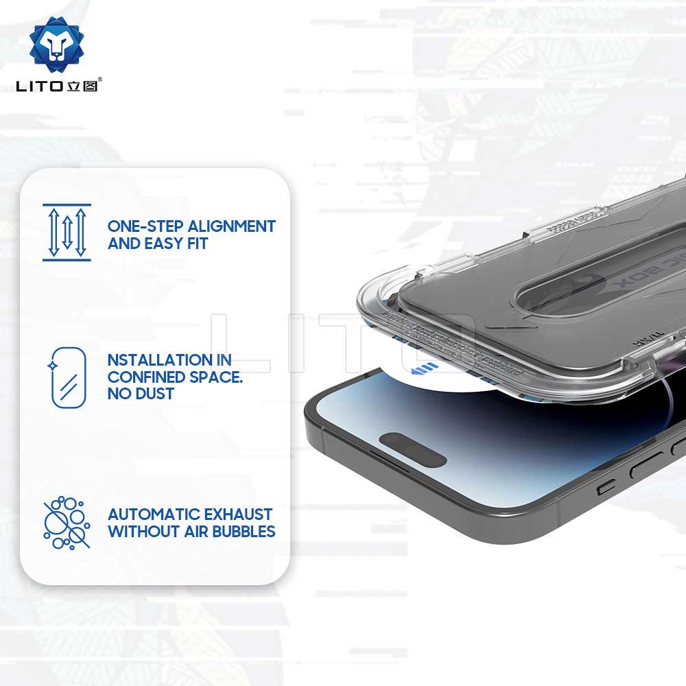 Privacy Screen Protector Film Lito Magic Glass Box D+ Tools for Apple iPhone 17e / 16e / 14 / 13 Pro, Tempered Glass, Full Glue