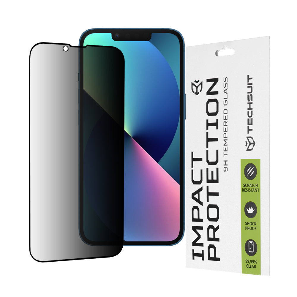 Privacy Techsuit Screen Protector Film for Apple iPhone 17e / 16e / 14 / 13 Pro, Tempered Glass, Full Glue, 111D