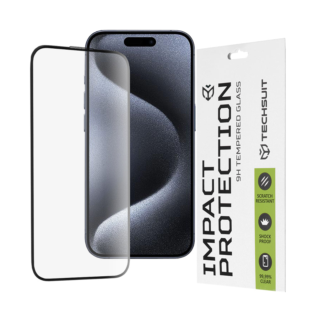 Techsuit Screen Protector Film for Apple iPhone 16 / 15 Pro, Tempered Glass, Full Glue, 111D, Black
