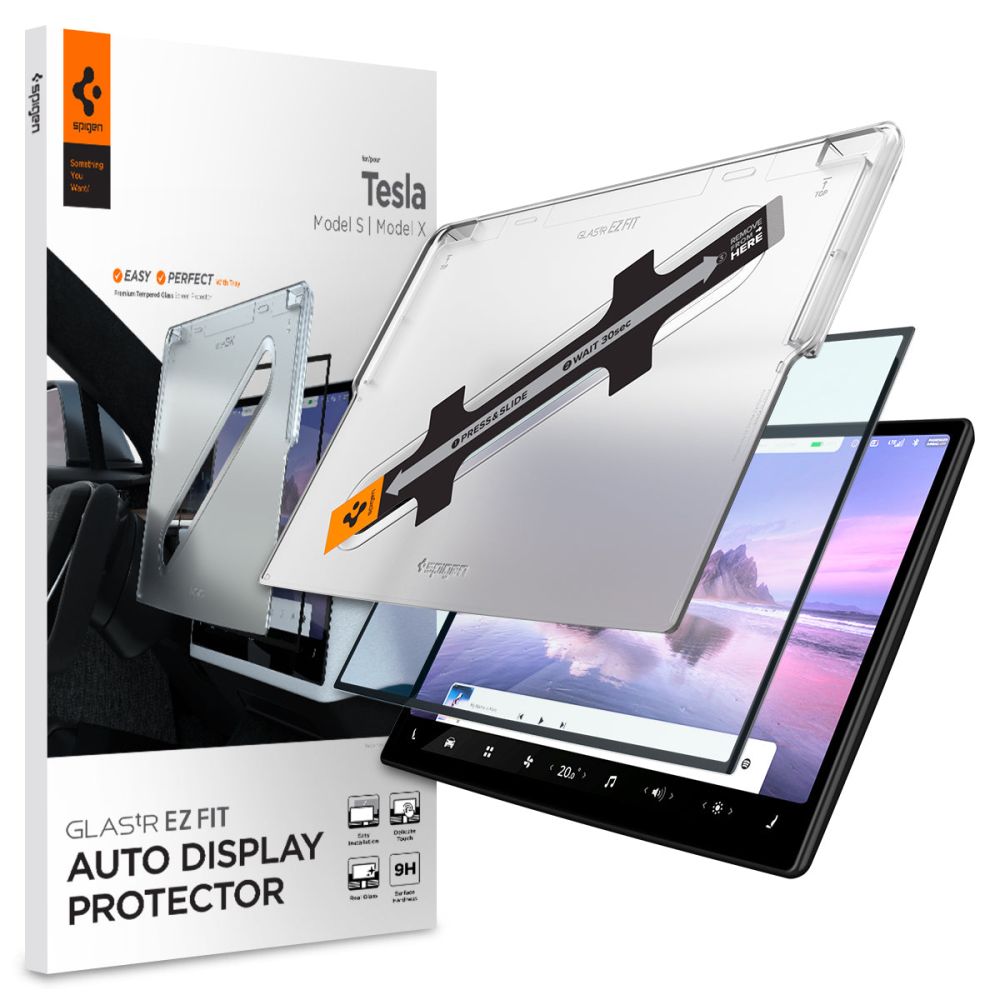 Spigen GlastR EZ FIT Protection Film for Tesla X / S Navigation (2022 - 2021), Tempered Glass, Black AGL04688