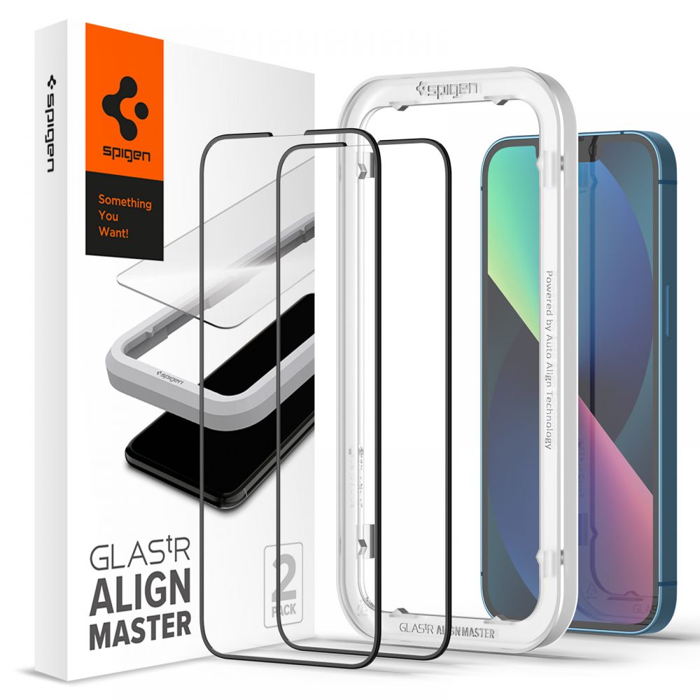 Spigen GlastR Align Master Screen Protector for Apple iPhone 17e / 16e / 14, Tempered Glass, Full Glue, Set of 2 pieces, Black AGL03387