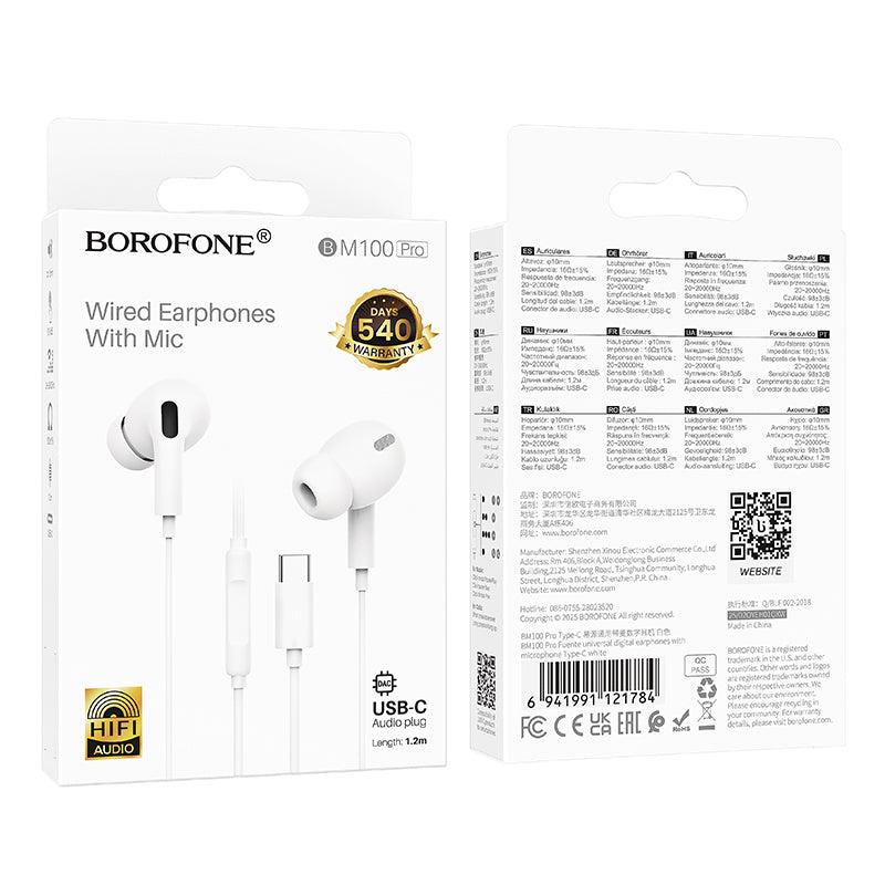 Handsfree USB-C Borofone BM100 Pro Fuente, White