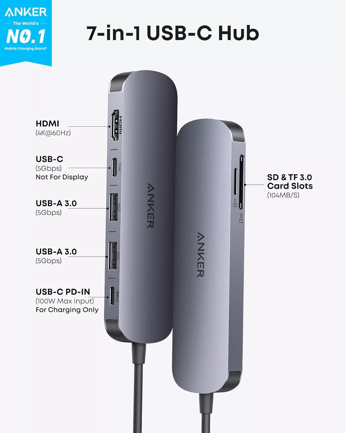 Anker USB-C Hub, 2 x USB-A 3.0 - 2 x USB-C - 1 x HDMI - 1 x SD - 1 x microSD, Gray A83D2HA1