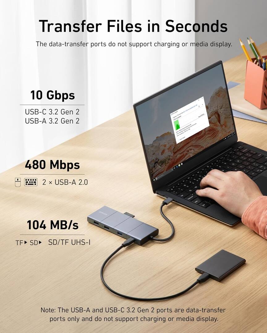 Anker PowerExpand USB-C Hub, 1 x USB-A 3.2 - 2 x USB-A - 2 x USB-C - 1 x Display Port - 1 x HDMI - 1 x 3.5mm Jack - 1 x RJ45 - 1 x SD - 1 x microSD, Gray