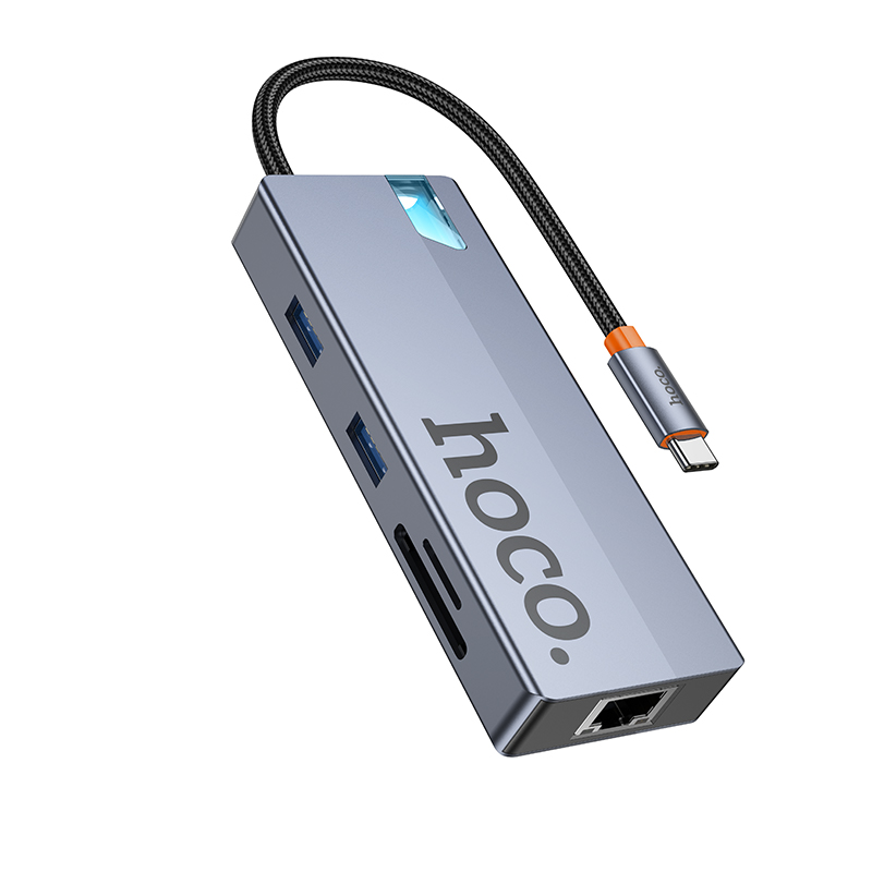 HOCO HB52 USB-C Hub, 2 x USB-A 3.0 - 2 x USB-C - 1 x HDMI - 1 x RJ45 - 1 x SD - 1 x microSD, Gray