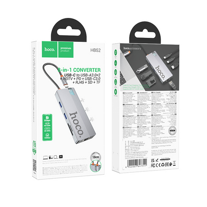 HOCO HB52 USB-C Hub, 2 x USB-A 3.0 - 2 x USB-C - 1 x HDMI - 1 x RJ45 - 1 x SD - 1 x microSD, Gray