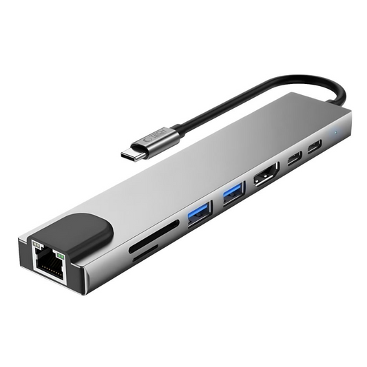 Tech-Protect HB09 USB-C Hub, 2 x USB-A 3.0 - 2 x USB-C - 1 x HDMI - 1 x RJ45 - 1 x SD - 1 x microSD, Gray