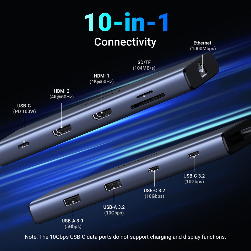 UGREEN CM639 USB-C Hub (45380), 2 x USB-A 3.2 - 3 x USB-C - 2 x HDMI - 1 x RJ45 - 1 x SD - 1 x microSD, Gray