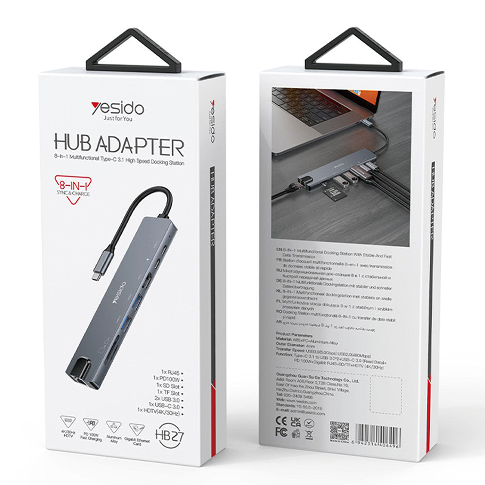 Yesido HB27 USB-C Hub, 8in1, Gray