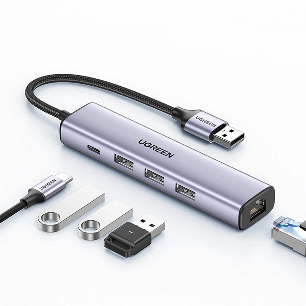 UGREEN CM475 USB Hub, 3 x USB-A 3.0 - 1 x USB-C - 1 x RJ45, Gray