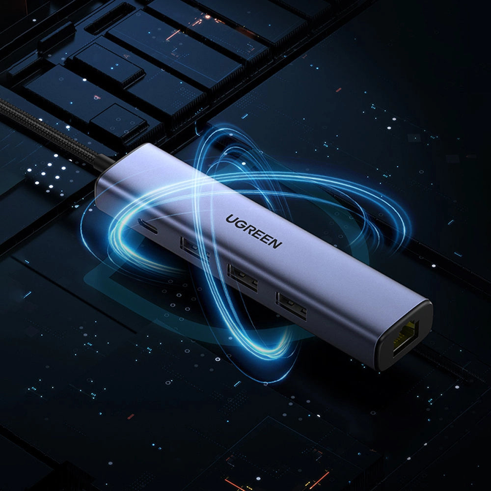 UGREEN CM475 USB Hub, 3 x USB-A 3.0 - 1 x USB-C - 1 x RJ45, Gray