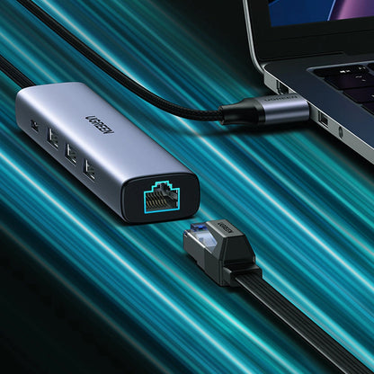 UGREEN CM475 USB Hub, 3 x USB-A 3.0 - 1 x USB-C - 1 x RJ45, Gray