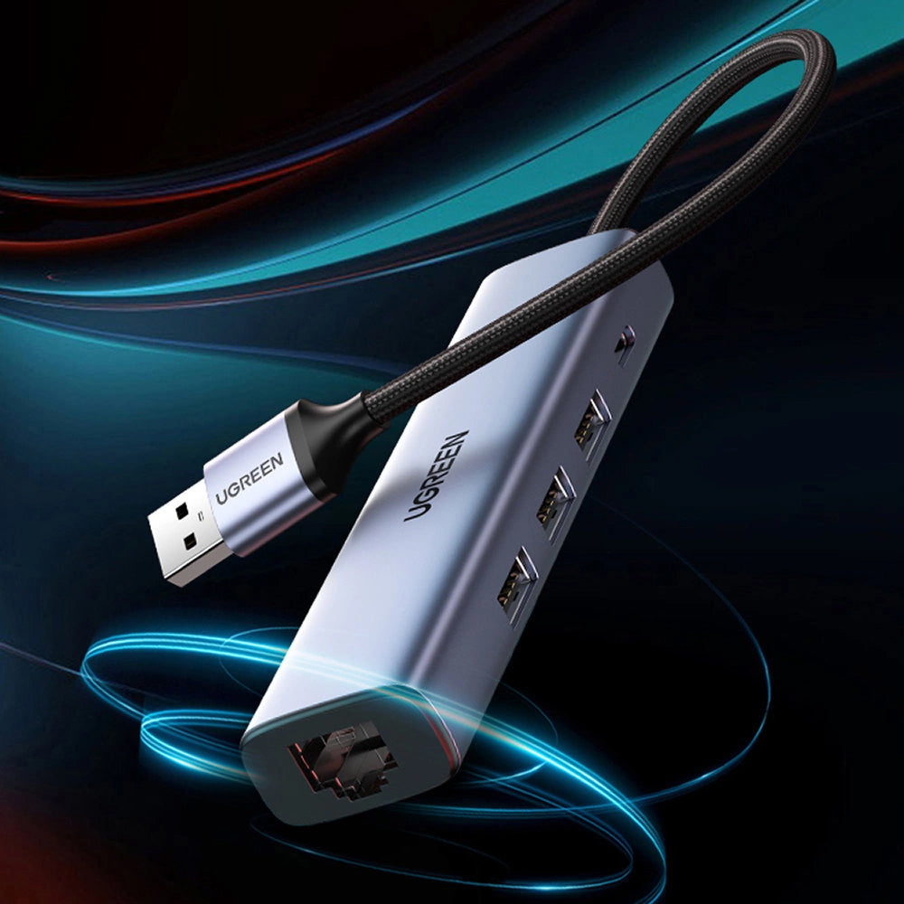 UGREEN CM475 USB Hub, 3 x USB-A 3.0 - 1 x USB-C - 1 x RJ45, Gray