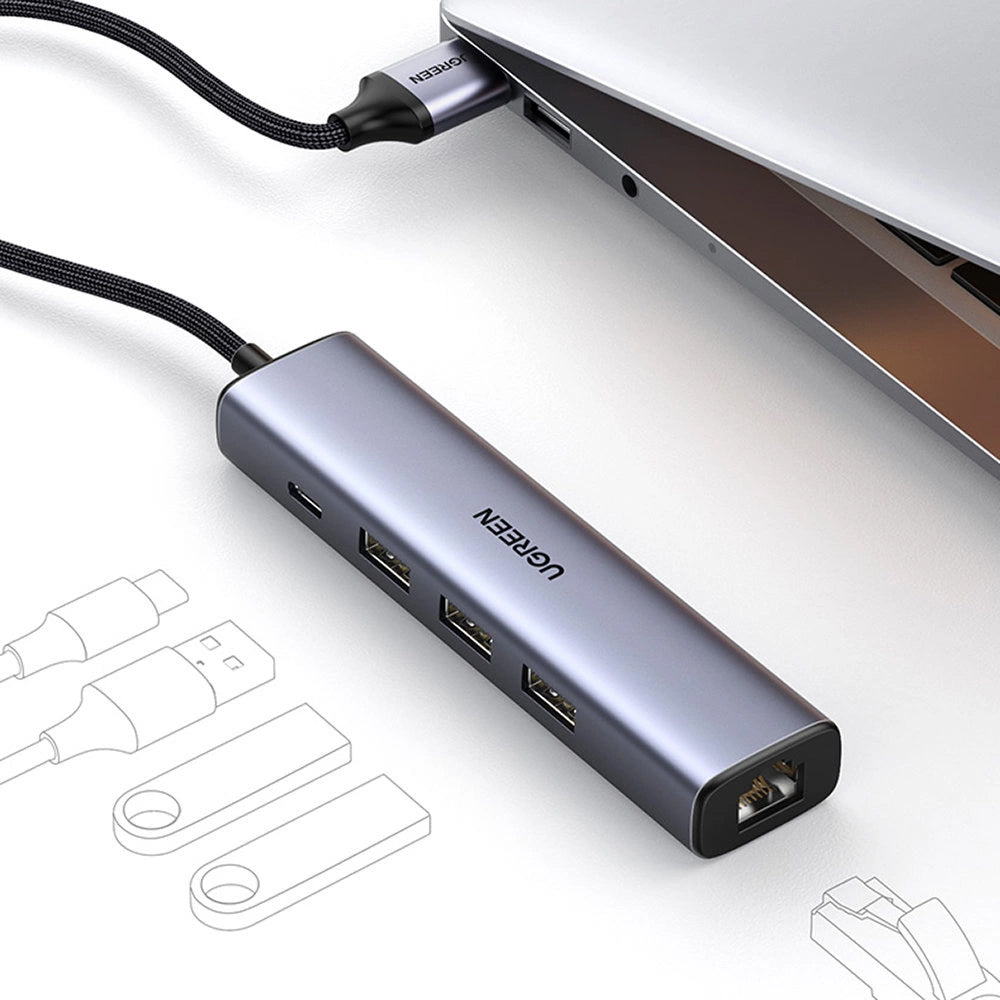 UGREEN CM475 USB Hub, 3 x USB-A 3.0 - 1 x USB-C - 1 x RJ45, Gray