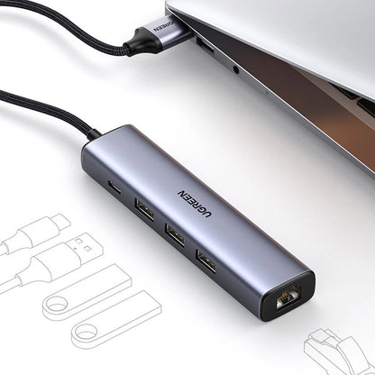 UGREEN CM475 USB Hub, 3 x USB-A 3.0 - 1 x USB-C - 1 x RJ45, Gray