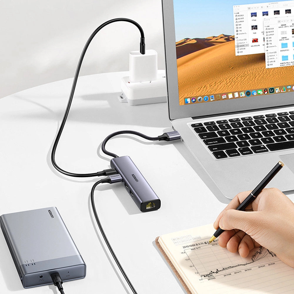 UGREEN CM475 USB Hub, 3 x USB-A 3.0 - 1 x USB-C - 1 x RJ45, Gray