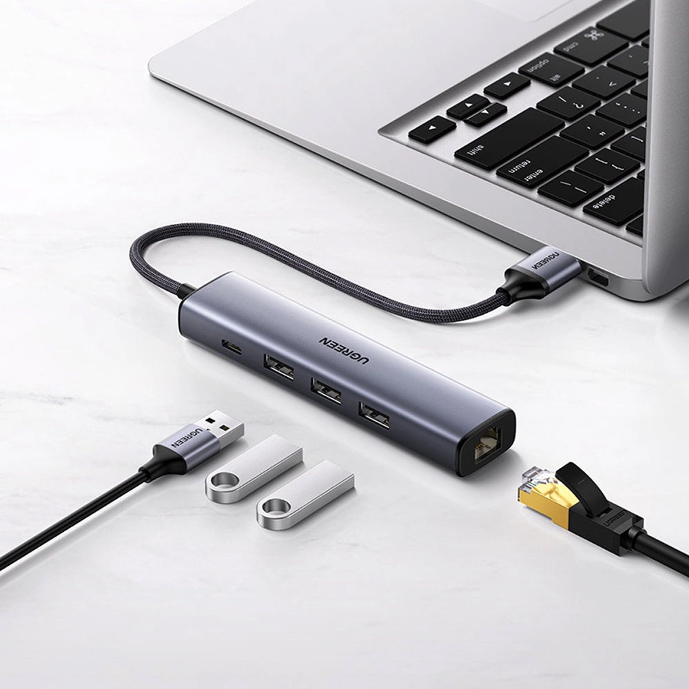UGREEN CM475 USB Hub, 3 x USB-A 3.0 - 1 x USB-C - 1 x RJ45, Gray