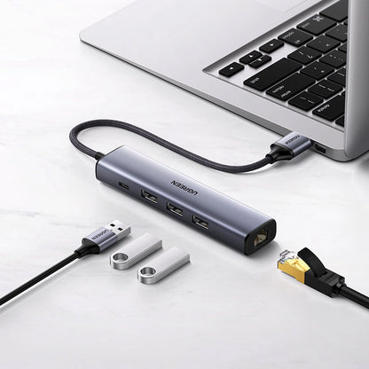 UGREEN CM475 USB Hub, 3 x USB-A 3.0 - 1 x USB-C - 1 x RJ45, Gray