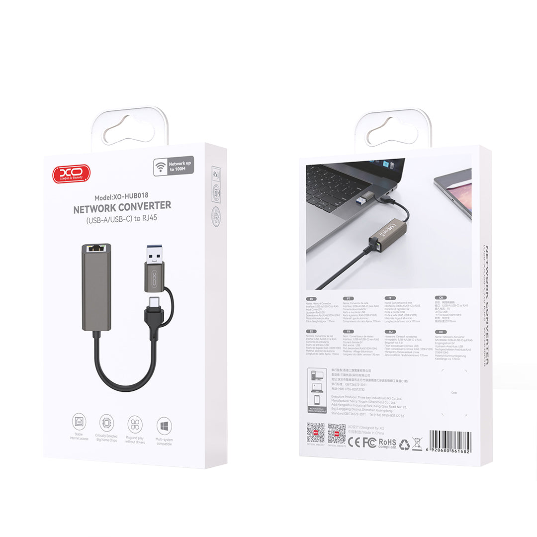 XO Design HUB018 Network Card, RJ45, USB-C / USB, Grey