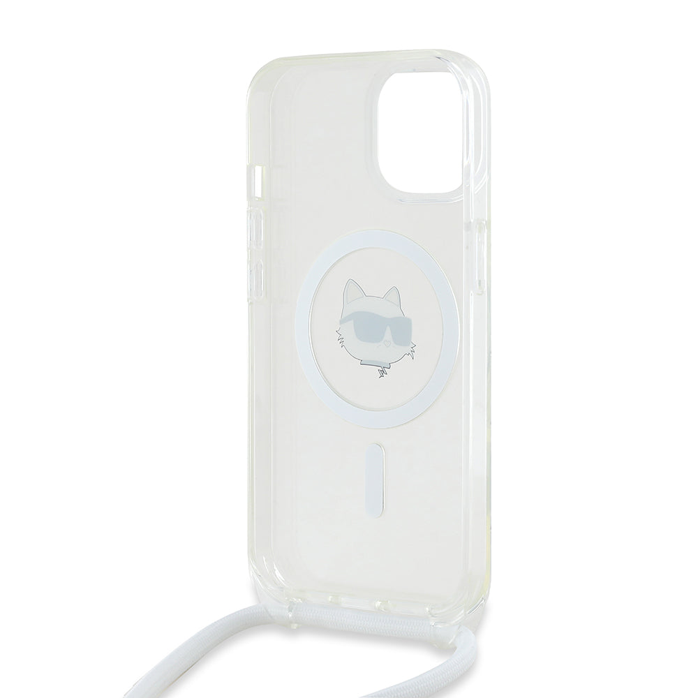 MagSafe Case for Apple iPhone 14, Karl Lagerfeld, IML Crossbody Choupette's Head with Strap, Transparent