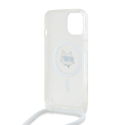 MagSafe Case for Apple iPhone 14, Karl Lagerfeld, IML Crossbody Choupette's Head with Strap, Transparent