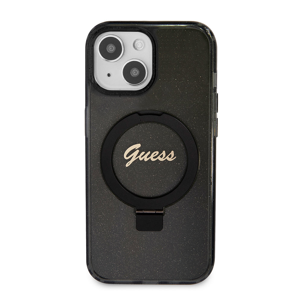 MagSafe Case for Apple iPhone 15, Guess, Ring Stand Script Glitter, Black