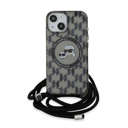 MagSafe Case for Apple iPhone 15, Karl Lagerfeld, IML Crossbody Monogram Karl & Choupette's Heads, Black