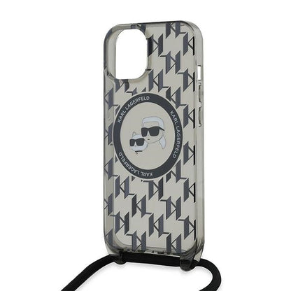 MagSafe Case for Apple iPhone 15, Karl Lagerfeld, IML Crossbody Monogram Karl & Choupette's Heads, Black