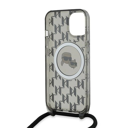 MagSafe Case for Apple iPhone 15, Karl Lagerfeld, IML Crossbody Monogram Karl & Choupette's Heads, Black
