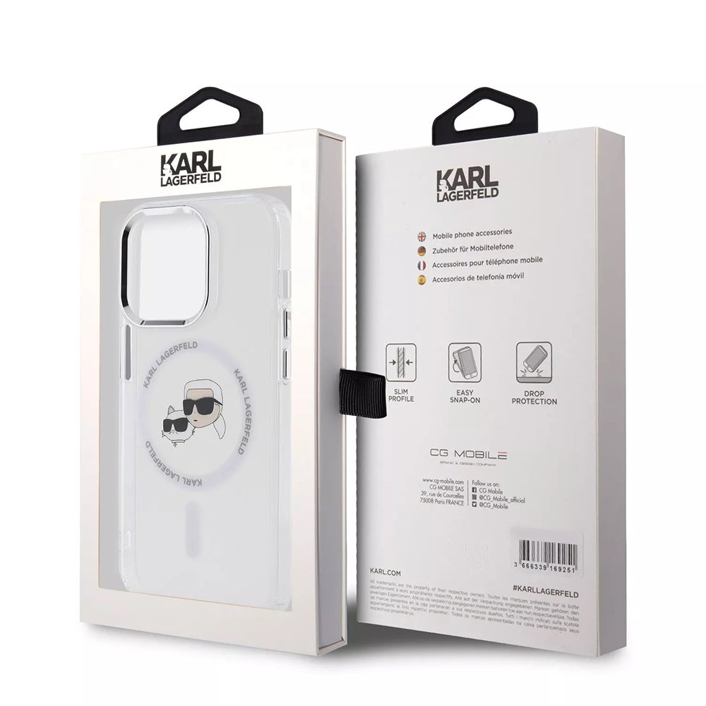 MagSafe Case for Apple iPhone 15, Karl Lagerfeld, IML Metal Karl & Choupette's Heads, Transparent