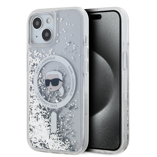 MagSafe Case for Apple iPhone 15, Karl Lagerfeld, Liquid Glitter Karl's Head, Transparent