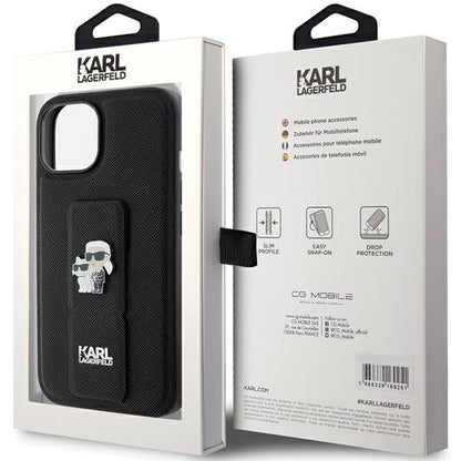 MagSafe Case for Apple iPhone 15, Karl Lagerfeld, Saffiano Gripstand Karl & Choupette, Black