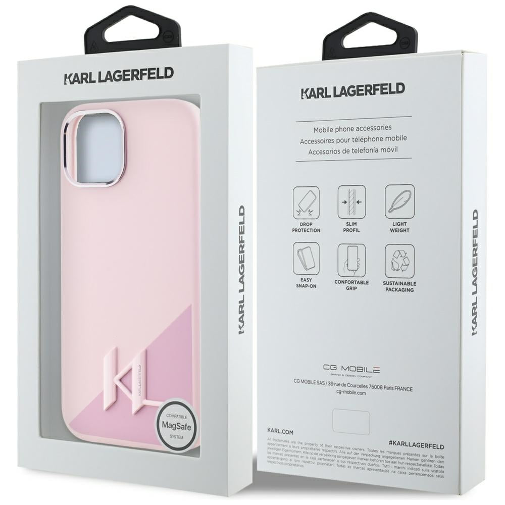 MagSafe Case for Apple iPhone 15, Karl Lagerfeld, Silicone Shadow Metal Initial, Pink
