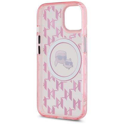 MagSafe Case for Apple iPhone 15 Plus, Karl Lagerfeld, IML Monogram Karl & Choupette's Heads, Pink