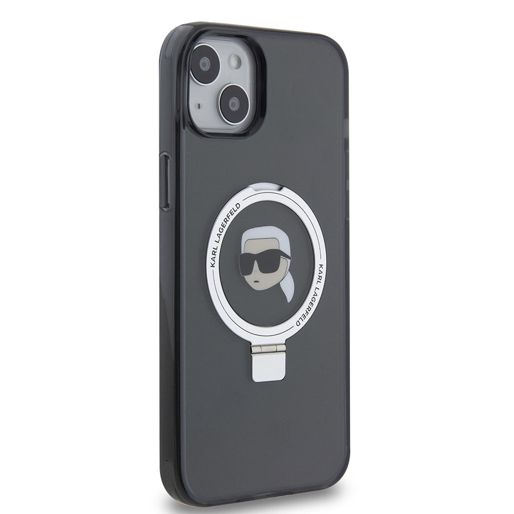MagSafe Case for Apple iPhone 15 Plus, Karl Lagerfeld, Ring Stand Karl's Head, Black