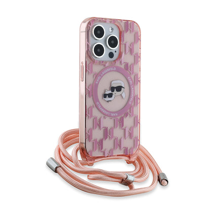 MagSafe Case for Apple iPhone 15 Pro, Karl Lagerfeld, IML Crossbody Monogram Karl & Choupette's Heads, Pink