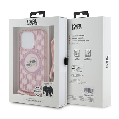MagSafe Case for Apple iPhone 15 Pro, Karl Lagerfeld, IML Crossbody Monogram Karl & Choupette's Heads, Pink