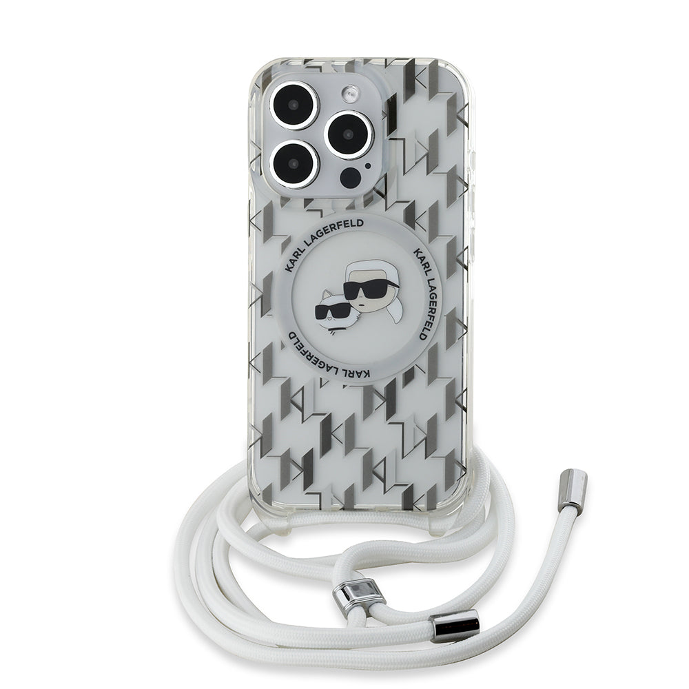 MagSafe Case for Apple iPhone 15 Pro, Karl Lagerfeld, IML Crossbody Monogram Karl & Choupette's Heads, Transparent