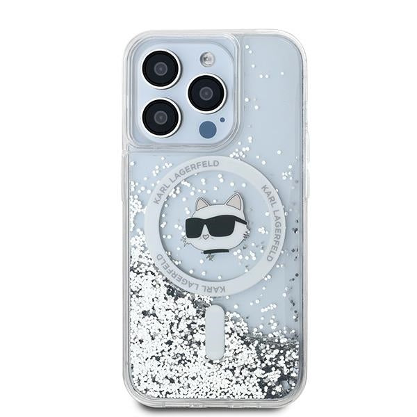 MagSafe Case for Apple iPhone 15 Pro, Karl Lagerfeld, Liquid Glitter Choupette Head, Transparent