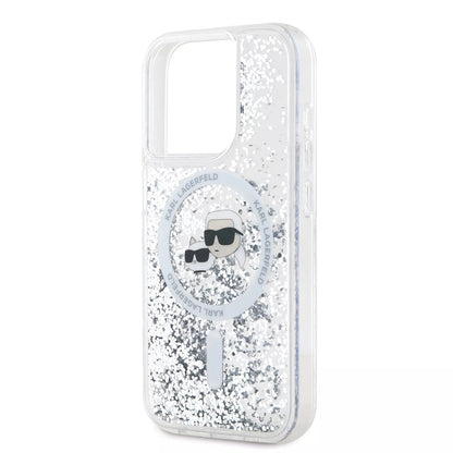 MagSafe Case for Apple iPhone 15 Pro, Karl Lagerfeld, Liquid Glitter Karl & Choupette's Heads, Transparent