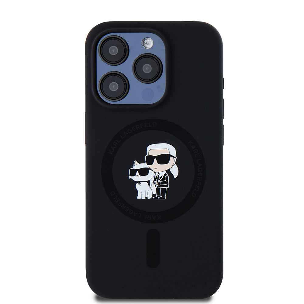 MagSafe Case for Apple iPhone 15 Pro, Karl Lagerfeld, Karl & Choupette Silicone, Black