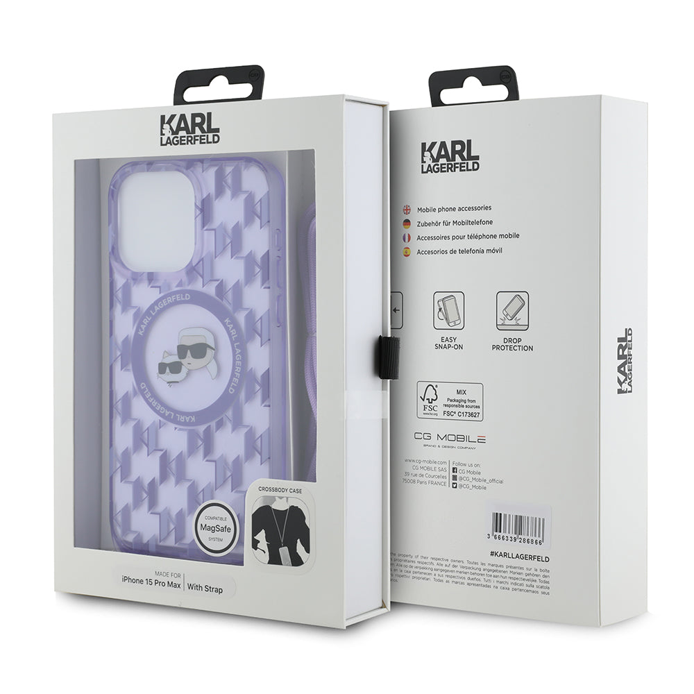 MagSafe Case for Apple iPhone 15 Pro Max, Karl Lagerfeld, IML Crossbody Monogram Karl & Choupette's Heads, Purple