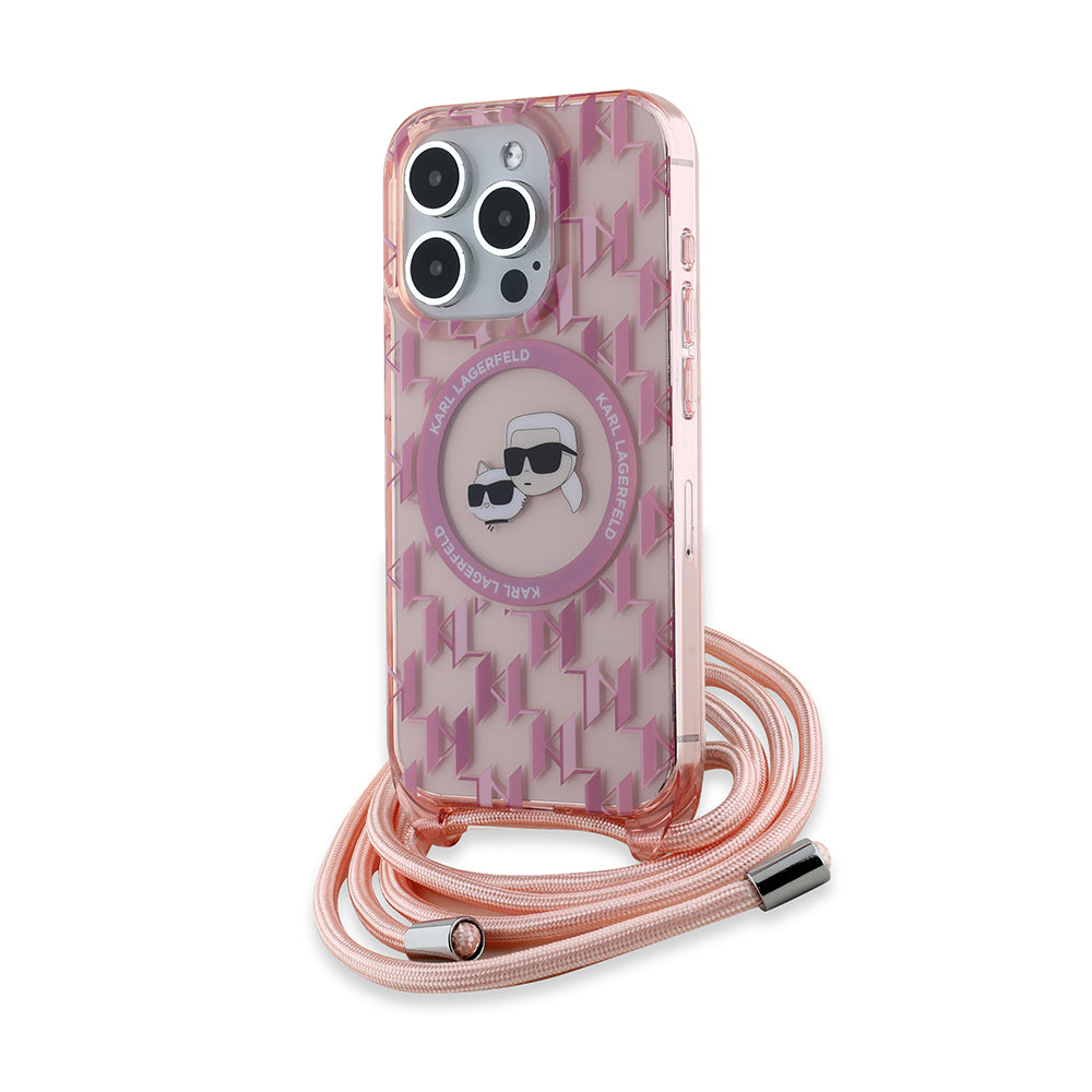 MagSafe Case for Apple iPhone 15 Pro Max, Karl Lagerfeld, IML Crossbody Monogram Karl & Choupette's Heads, Pink