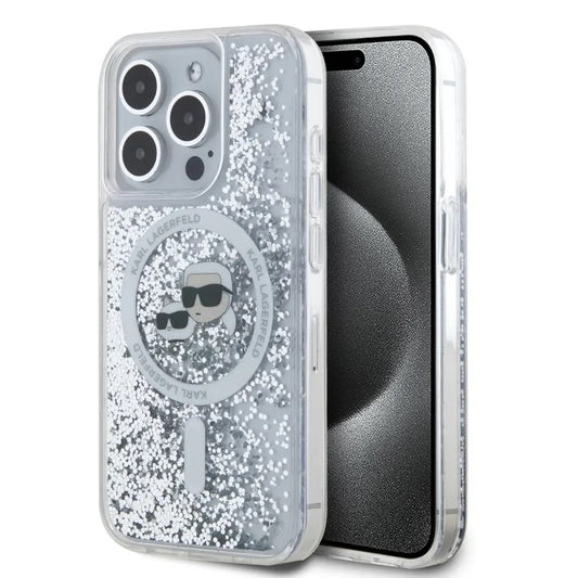 MagSafe Case for Apple iPhone 15 Pro Max, Karl Lagerfeld, Liquid Glitter Karl & Choupette's Heads, Transparent