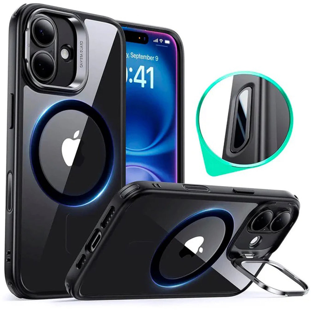 MagSafe Case for Apple iPhone 16, ESR, Classic Hybrid Kickstand Slide, Transparent Black