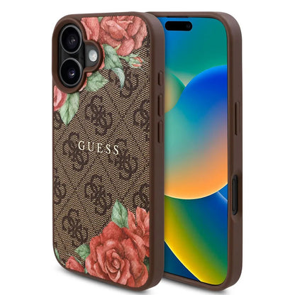 MagSafe Case for Apple iPhone 16, Guess, 4G Flowers Print, Brown