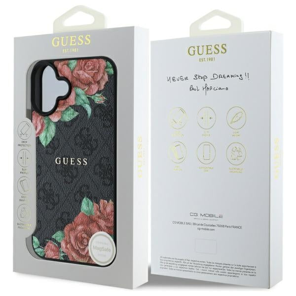 MagSafe Case for Apple iPhone 16, Guess, 4G Flowers Print, Black
